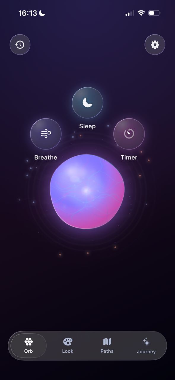 Breathe, Timer, and Sleep choices floating around the orb.