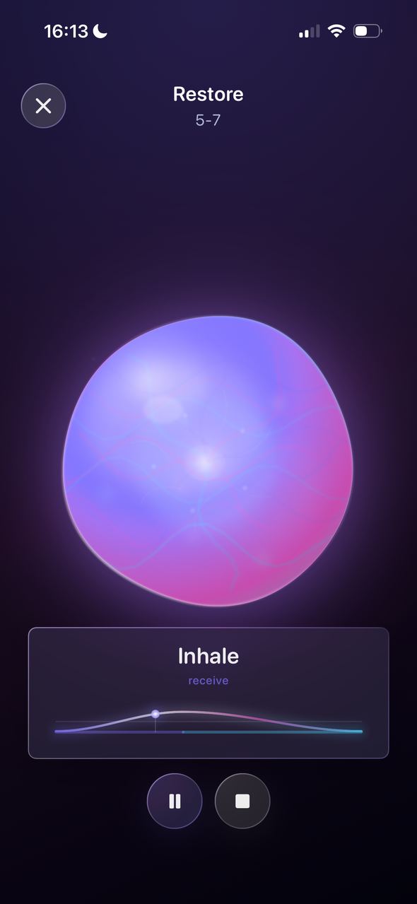 Active breathing session with inhale guidance below the orb.