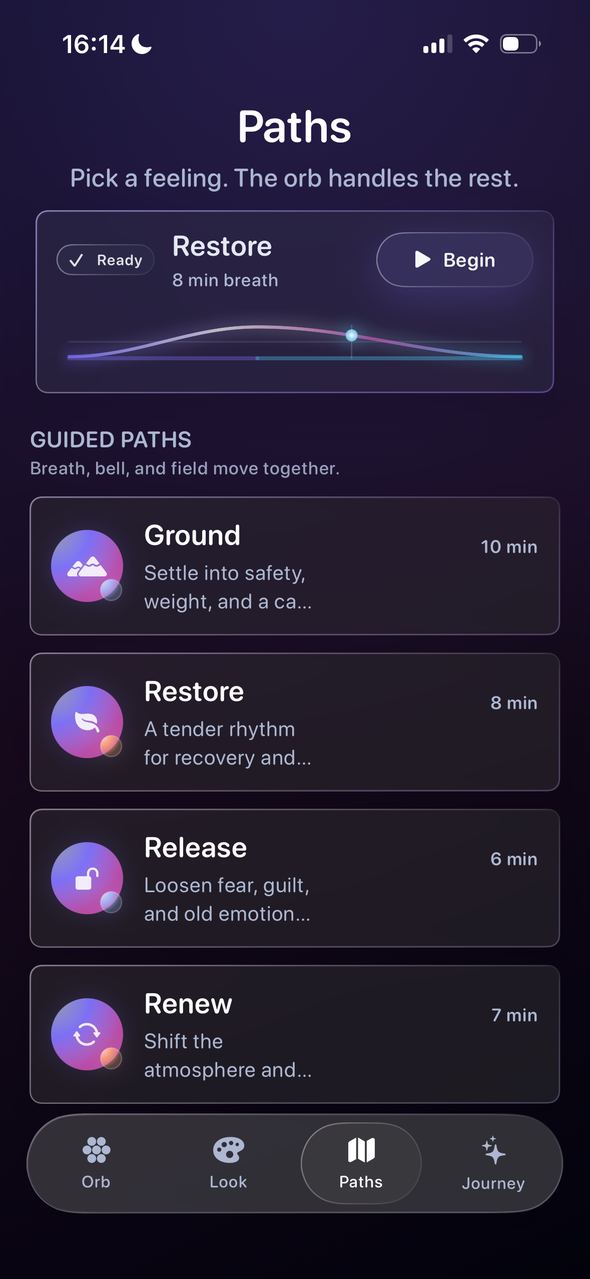 Paths screen with guided practices and a rhythm preview.