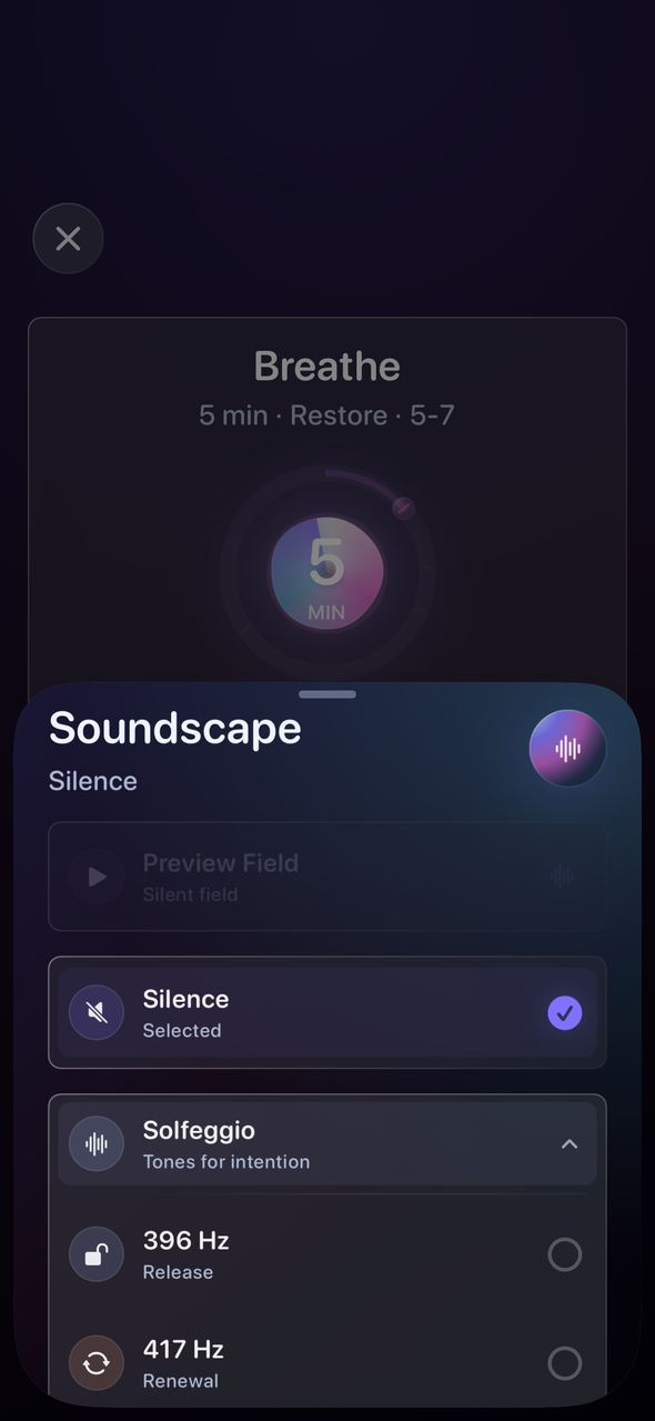 Sound Field sheet with soundscape, Solfeggio, silence, waves, and nature options.