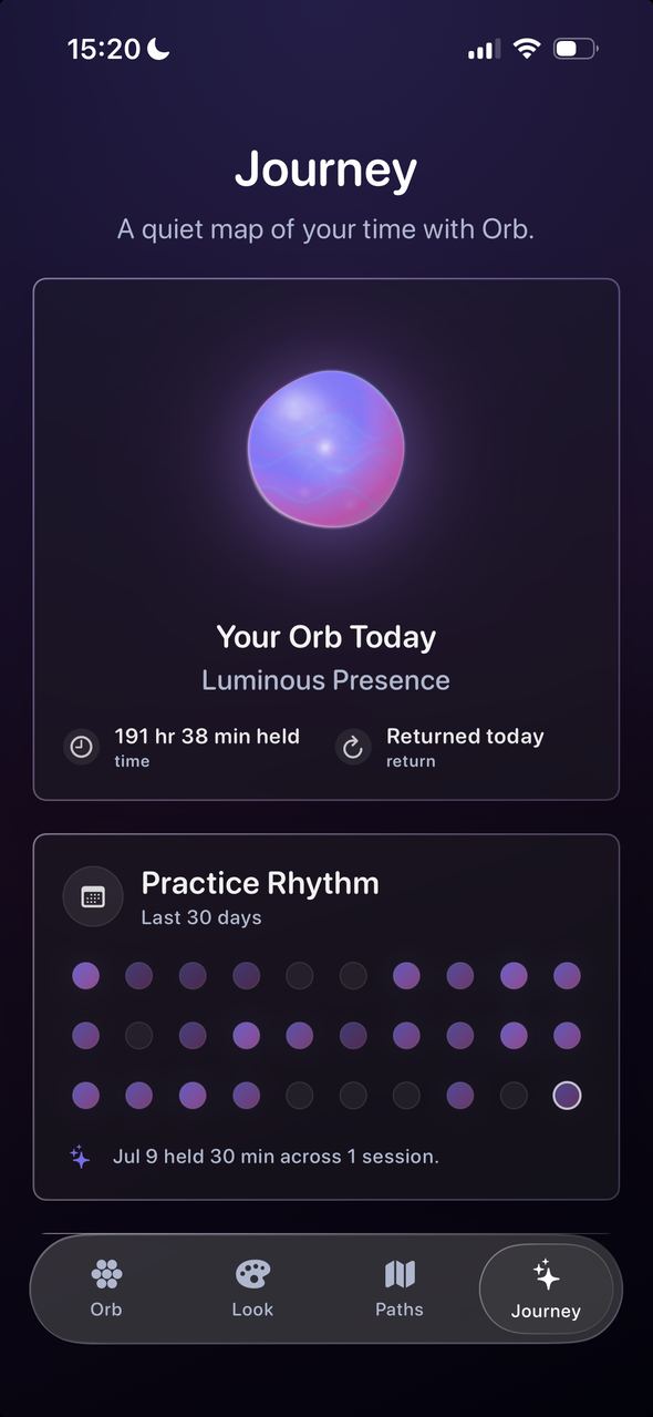 Journey screen showing Your Orb Today with hours held and a 30-day practice rhythm grid.