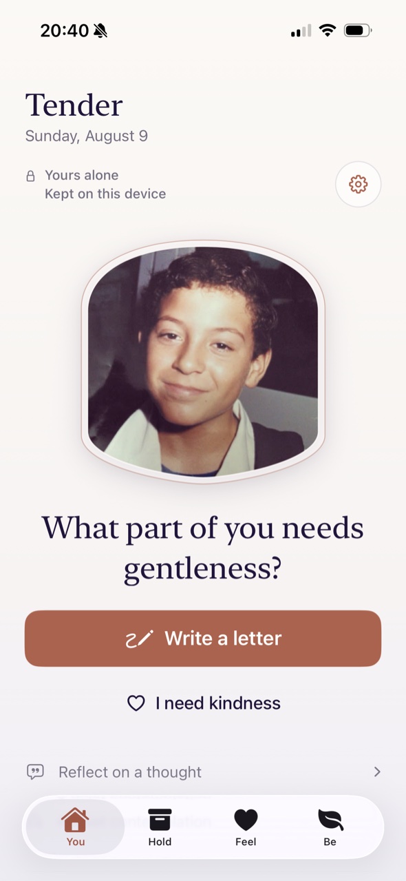 Tender home screen with a childhood photo, a reflection prompt, and the Write a letter button.