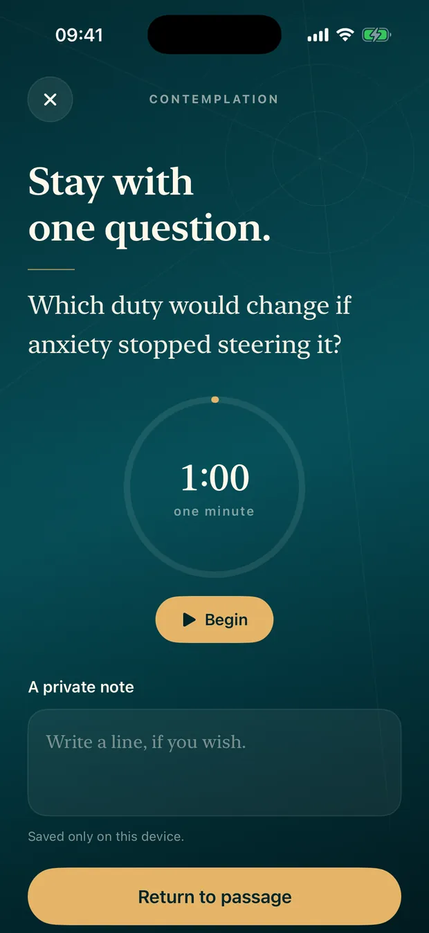Contemplation screen in Vasistha with a reflection prompt, one-minute timer, and optional note.